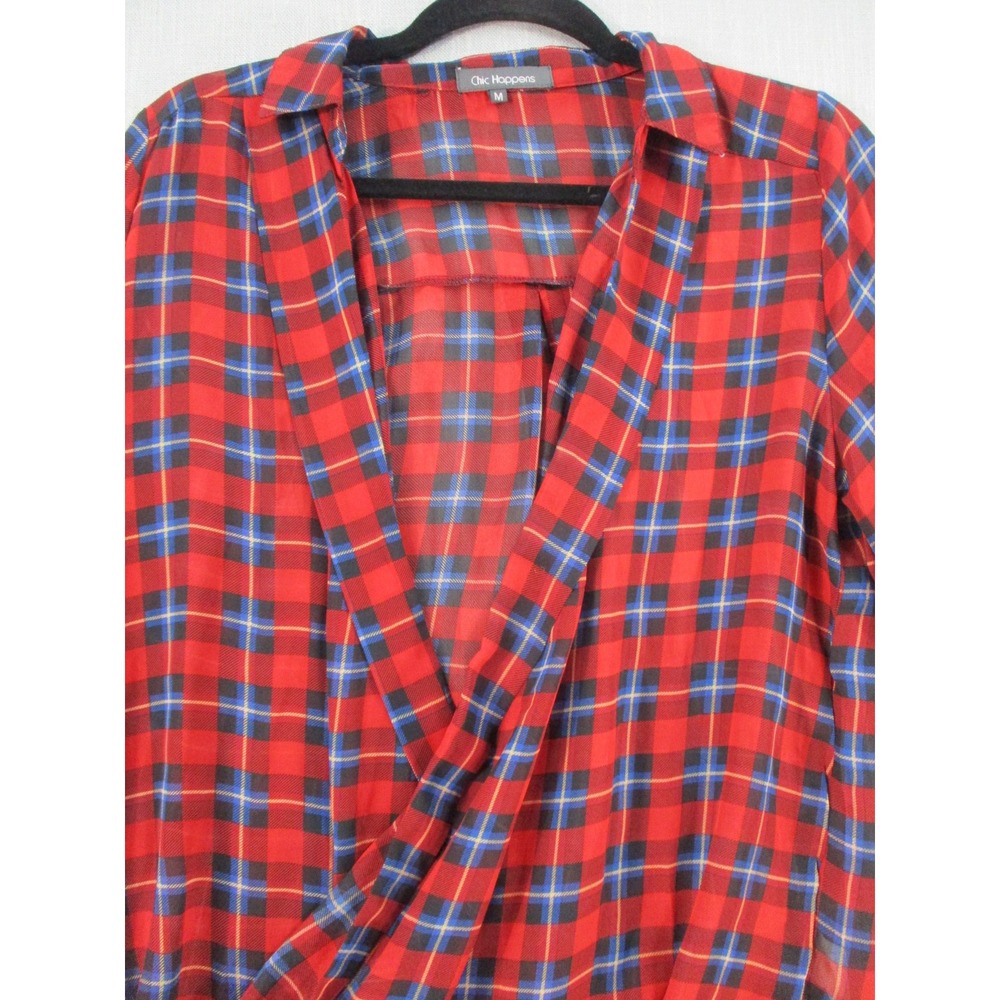 Chic Happens Red Blue Plaid Surplice Draped High Low Blouse Womens Medium - Picture 2 of 10